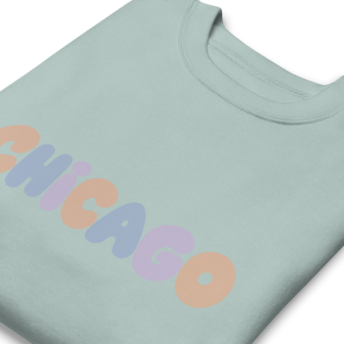Chicago Block Party Crewneck Sweatshirt in Agave, close-up of the chest print