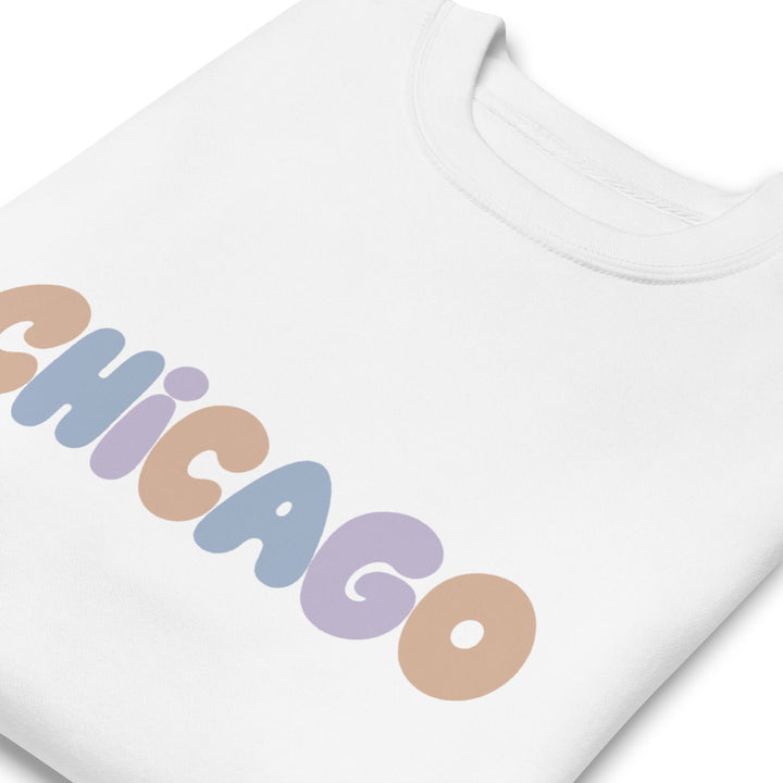 Chicago Block Party Crewneck Sweatshirt in White, close-up of the chest print